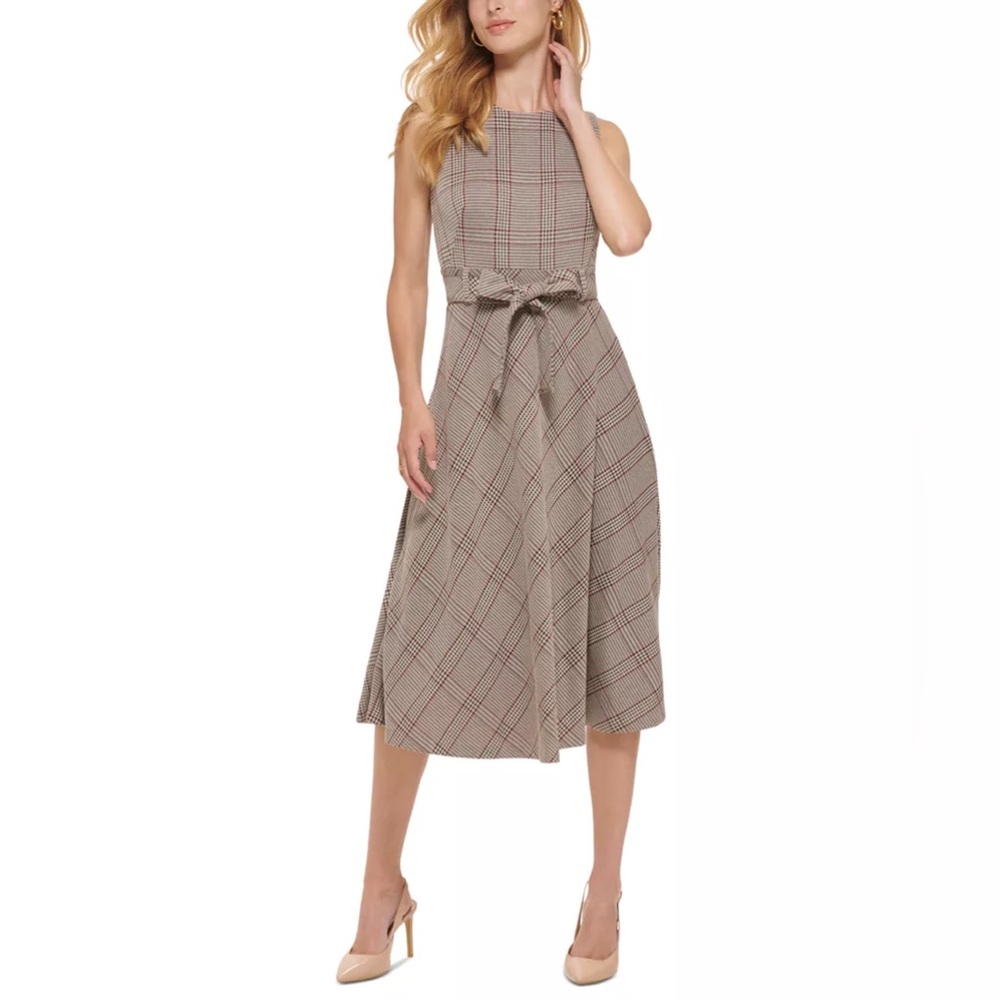 Calvin Klein
Women's Menswear Plaid Belted Midi Dress
